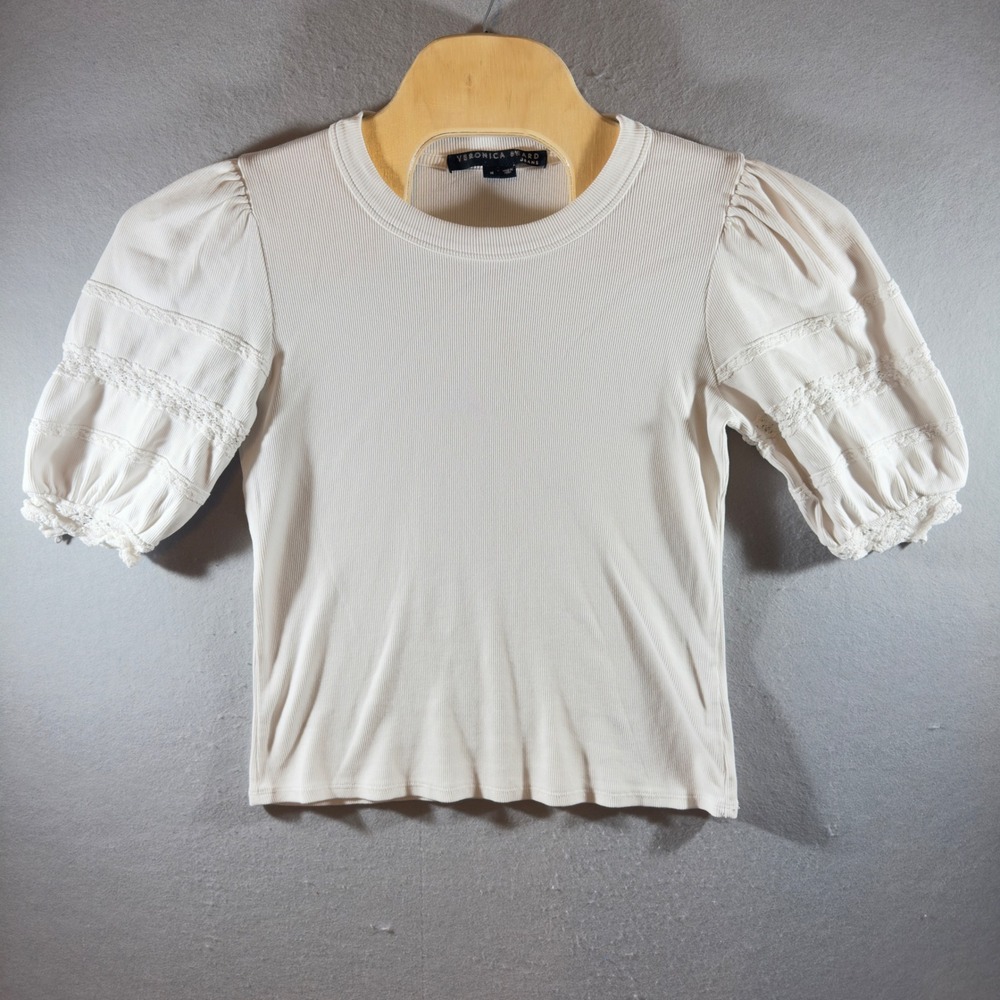 717 | Veronica Beard Puff Sleeve Rib Lace Trim Top Pima Cotton White Women M